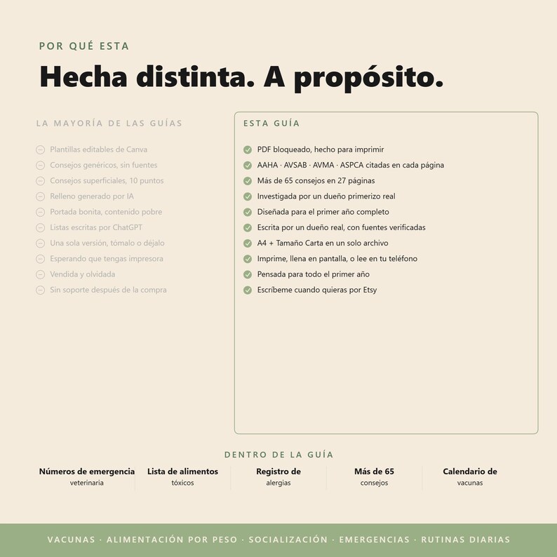 May include: A guide with text in Spanish, titled "Hecha distinta. A prop&oacute;sito." The guide lists features like printable PDF, over 65 tips, and is designed for the first year. It also includes sections on emergency numbers, food lists, and vaccination schedules.