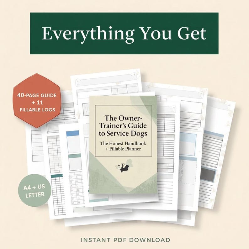 K&ouml;nnte beinhalten: Ein digitales Dokumentenset mit dem Titel The Owner-Trainer's Guide to Service Dogs, bestehend aus einem 40-seitigen Leitfaden und 11 ausf&uuml;llbaren Protokollen. Die Seiten enthalten Tabellen und Formulare in A4 und US Letter mit gr&uuml;nen und blauen Akzenten.