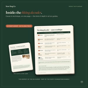 May include: Two informational pages from the New Dog Co puppy training guide. The larger page is titled The biting decoder &mdash; cause to technique, featuring a table of causes and techniques. The smaller page is titled The calm 3-step loop.