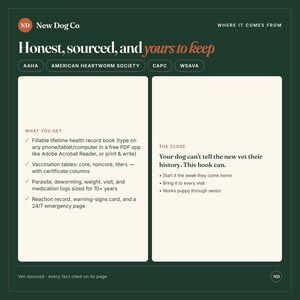 May include: A dark green informational graphic titled New Dog Co Honest, sourced, and yours to keep. It features two white panels detailing a fillable lifetime health record book for dogs, including vaccination tables, logs, and emergency pages.