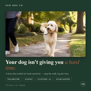 Puede incluir: Un kit de herramientas digital para la reactividad con correa titulado New Dog Co, con un perro color crema con correa. El texto dice: Your dog isn't giving you a hard time. A force-free toolkit for leash reactivity&mdash;map the walk, log the wins. Incluye PDF rellenable, 16 p&aacute;ginas, tama&ntilde;os US Letter y A4.
