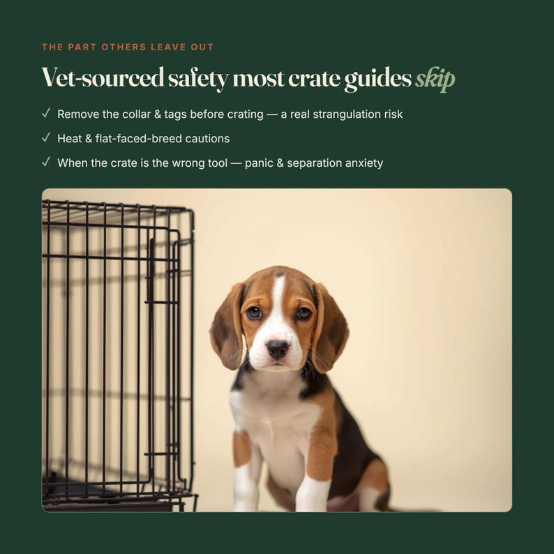 May include: A black wire dog crate sits next to a beagle puppy with brown, black, and white fur. The text reads: THE PART OTHERS LEAVE OUT, Vet-sourced safety most crate guides skip, Remove the collar & tags, Heat & flat-faced-breed cautions.
