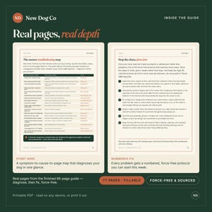 K&ouml;nnte beinhalten: Eine digitale Vorschau eines 66-seitigen Leitfadens mit dem Titel New Dog Co, der zwei offene Seiten mit Text zeigt. Die linke Seite zeigt eine Fehlersuchtabelle und die rechte Seite listet ein nummeriertes Protokoll auf. Der Hintergrund ist dunkelgr&uuml;n.