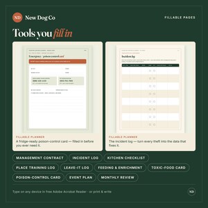 May include: A digital planner set by New Dog Co featuring fillable pages for pet management. The image displays an emergency poison-control card and an incident log with fields for dates, times, and notes, presented on a dark green background.