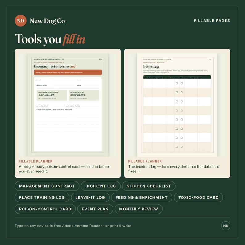 May include: A digital planner set by New Dog Co featuring fillable pages for pet management. The image displays an emergency poison-control card and an incident log with fields for dates, times, and notes, presented on a dark green background.