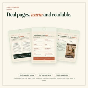 May include: Three open pages from a bird care guide featuring text and diagrams. The pages include headers like The seed-only problem, Toxic foods&mdash;and why, and Your cage setup, by the numbers, with a photograph of a bird in a cage on the right page.