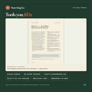 Pu&ograve; includere: Una pagina digitale di New Dog Co intitolata Tools you fill in, che presenta una guida sulle condizioni che imitano la demenza nei cani. Il testo include un elenco di problemi medici come diabete e ipertensione, con una sezione sulla diagnosi di esclusione.