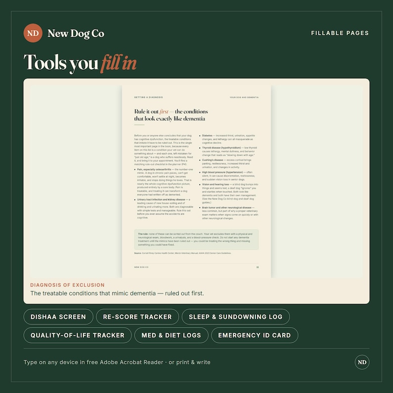 Pu&ograve; includere: Una pagina digitale di New Dog Co intitolata Tools you fill in, che presenta una guida sulle condizioni che imitano la demenza nei cani. Il testo include un elenco di problemi medici come diabete e ipertensione, con una sezione sulla diagnosi di esclusione.