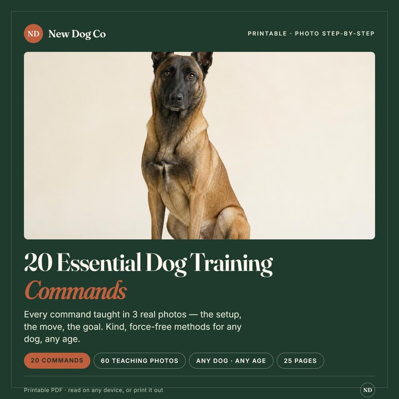 Op de afbeelding: Een printbare PDF-gids getiteld 20 Essential Dog Training Commands van New Dog Co. De omslag toont een bruin-zwarte hond, 60 instructiefoto's en 25 pagina's met instructies voor elke hond van elke leeftijd met diervriendelijke methoden.