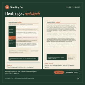 May include: A two-page informational guide titled New Dog Co Real pages, real depth. The left page features a puppy vaccination schedule table, while the right page provides a detailed explanation of vaccines. The document is set against a dark green background.