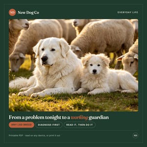 K&ouml;nnte beinhalten: Ein gro&szlig;er wei&szlig;er erwachsener Hund und ein kleinerer wei&szlig;er Welpe liegen auf einer grasbewachsenen Wiese mit Schafen im Hintergrund. Das Bild enth&auml;lt den Text New Dog Co, Everyday Life, From a problem tonight to a working guardian, Any LGD breed, Diagnose-first, Read it, then do it, und Printable PDF.