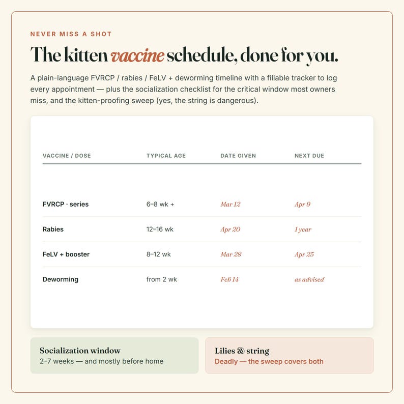 Puede incluir: Un documento de calendario de vacunaci&oacute;n para gatitos titulado 'The kitten vaccine schedule, done for you.' Incluye una tabla para registrar dosis de FVCRP, rabia, FeLV y desparasitaci&oacute;n por edad, adem&aacute;s de una ventana de socializaci&oacute;n y aviso.