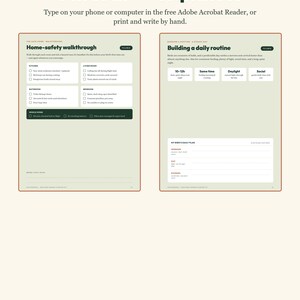 May include: A digital document template with the title Fill it in &mdash; or print it. It features two pages: a Home-safety walkthrough checklist and a Building a daily routine guide for bird care, including sections for morning, day, and evening tasks.