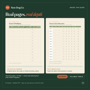 May include: A digital guide from New Dog Co featuring two printable pages with a cream background and dark green accents. The left page shows a Weeks 8-16 bonding log, and the right page displays a human-contact ration tracker with checkboxes.
