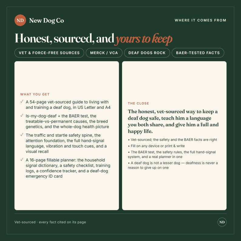 May include: A dark green informational graphic titled New Dog Co Honest, sourced, and yours to keep. It outlines a 54-page vet-sourced guide and a 16-page fillable planner for training a deaf dog, including BAER test facts and hand-signal systems.