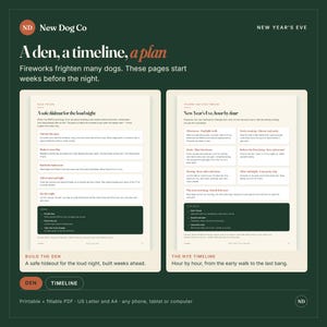 May include: A dark green informational document titled New Dog Co New Year's Eve featuring two pages: Build the Den and The NYE Timeline. The text provides guidance on creating a safe space for dogs during fireworks with hourly planning tips.