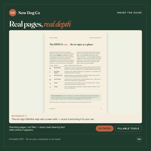 Pu&ograve; includere: Una guida PDF stampabile intitolata New Dog Co Real pages, real depth che presenta la mappa DISHAA, una lista di controllo a sei segni per la disfunzione cognitiva nei cani. Il documento include una tabella che dettaglia i vari segni.