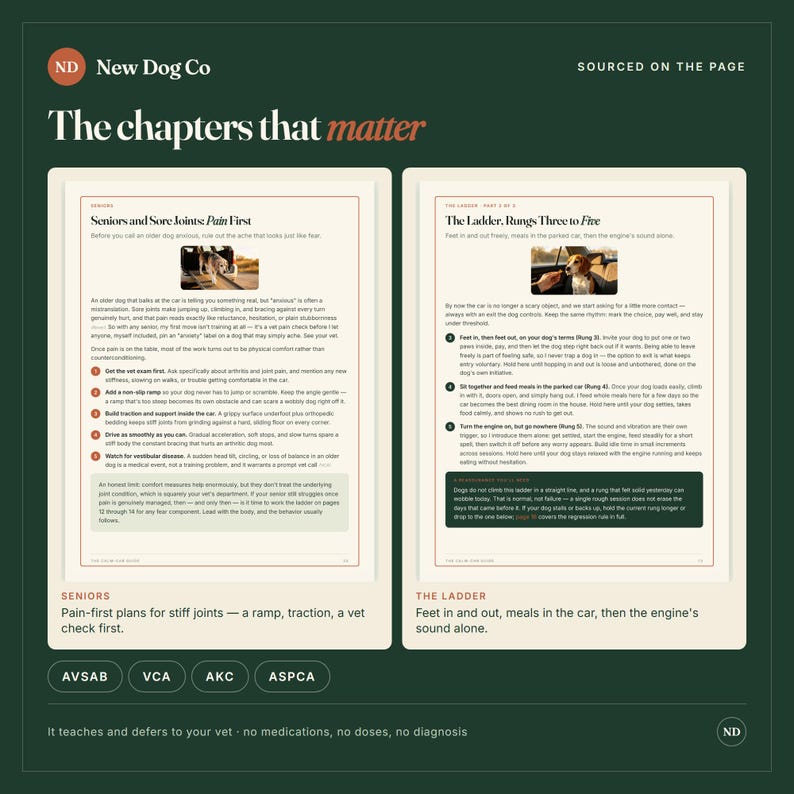 Puede incluir: Un gr&aacute;fico informativo de color verde oscuro titulado The chapters that matter de New Dog Co. Muestra dos p&aacute;ginas de texto con los encabezados Seniors and Sore Joints Pain First y The Ladder, Rungs Three to Five, con fotos de perros y listas numeradas.