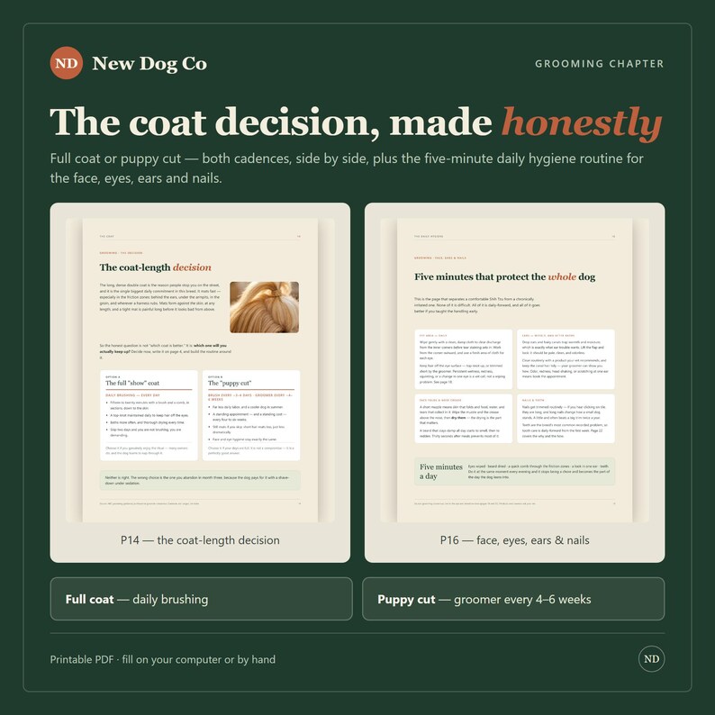 K&ouml;nnte beinhalten: Eine dunkelgr&uuml;ne Informationsgrafik mit dem Titel New Dog Co Grooming Chapter. Sie zeigt zwei Seiten nebeneinander: P14 The coat-length decision und P16 Five minutes that protect the whole dog, mit Text, Aufz&auml;hlungspunkten und einem Hundefoto.