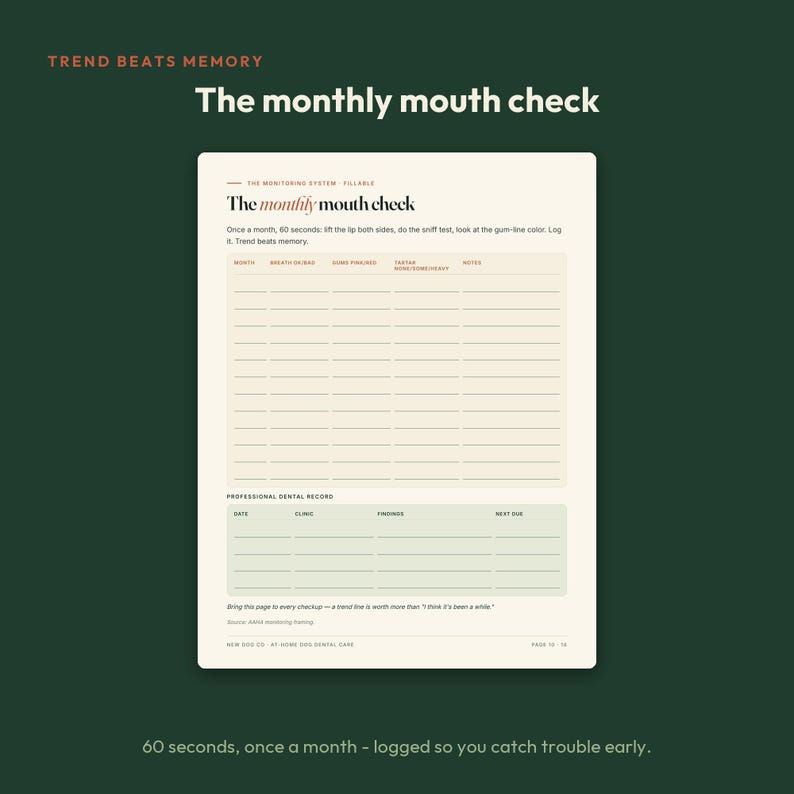 May include: A cream-colored printable page titled The monthly mouth check, featuring a grid for tracking monthly dental observations, including columns for breath, gum lines, and tartar, plus a section for professional dental records at the bottom.