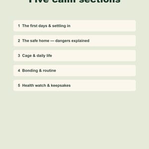 May include: A light green informational graphic titled Five calm sections with five numbered rows: 1 The first days & settling in, 2 The safe home &mdash; dangers explained, 3 Cage & daily life, 4 Bonding & routine, 5 Health watch & keepsakes.