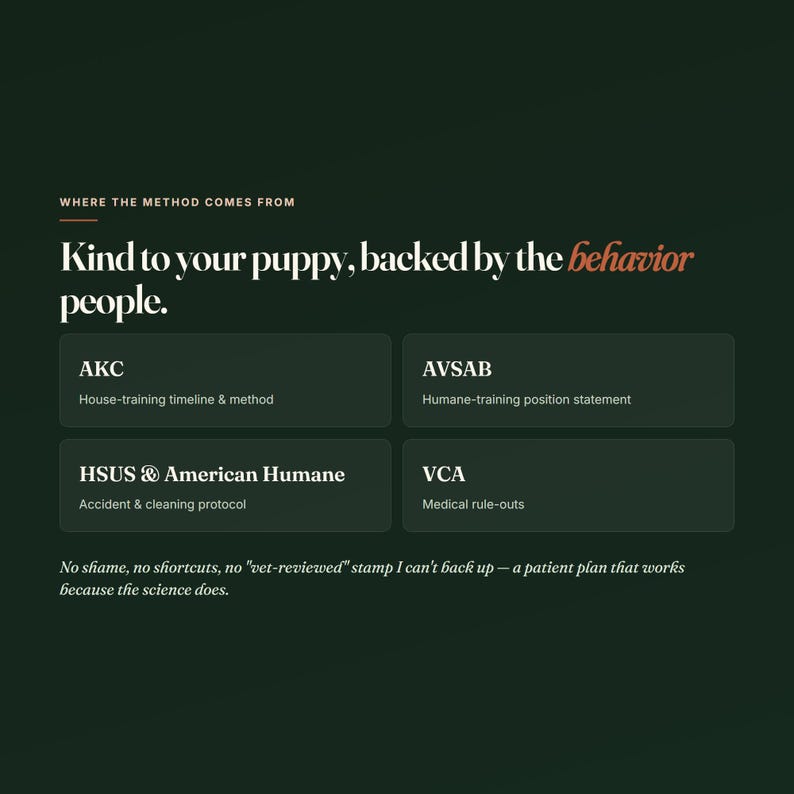 Op de afbeelding: Een donkergroene informatieve afbeelding met de titel Where the method comes from, met de tekst Kind to your puppy, backed by the behavior people. Het bevat AKC, AVSAB, HSUS & American Humane en VCA met beschrijvingen van hun trainingsprotocollen.