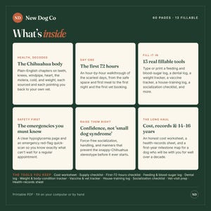 K&ouml;nnte beinhalten: Eine dunkelgr&uuml;ne Infografik mit dem Titel What's inside von New Dog Co. Sie beschreibt einen 60-seitigen Leitfaden mit 13 ausf&uuml;llbaren Werkzeugen f&uuml;r die Chihuahua-Pflege, einschlie&szlig;lich Gesundheit, Notfallprotokollen und langfristiger Dokumentation.