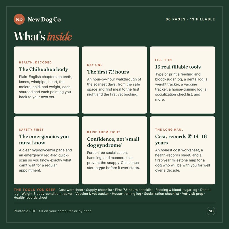 K&ouml;nnte beinhalten: Eine dunkelgr&uuml;ne Infografik mit dem Titel What's inside von New Dog Co. Sie beschreibt einen 60-seitigen Leitfaden mit 13 ausf&uuml;llbaren Werkzeugen f&uuml;r die Chihuahua-Pflege, einschlie&szlig;lich Gesundheit, Notfallprotokollen und langfristiger Dokumentation.