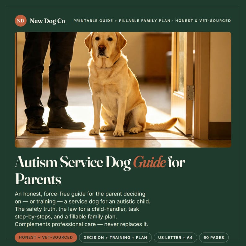May include: A digital guide titled Autism Service Dog Guide for Parents by New Dog Co. The cover features a yellow Labrador sitting near a person's legs. It includes a fillable family plan, 60 pages, and is available in US Letter and A4 formats.