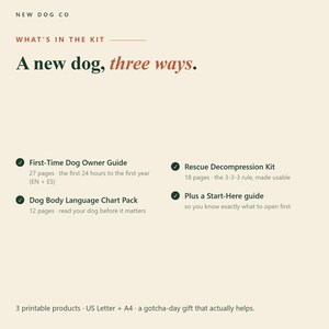 Kit de iniciación para nuevos dueños de perros / Guía del primer año, tablas de lenguaje corporal, plan de rescate 3-3-3 imagen 2