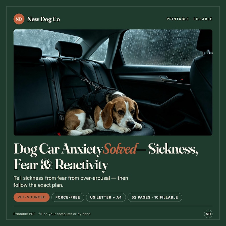 Puede incluir: Una gu&iacute;a PDF imprimible y rellenable titulada Dog Car Anxiety Solved&mdash;Sickness, Fear & Reactivity. La portada muestra un beagle con arn&eacute;s negro en el asiento trasero de un coche. Incluye 52 p&aacute;ginas, 10 rellenables, formatos A4 y US Letter.