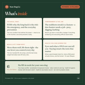 May include: A dark green informational document titled New Dog Co What's inside, featuring 28 pages and 6 fillable sections. It covers IVDD, temperament, lifting techniques, and health screening, plus six fill-in tools for dog profiles and care logs.