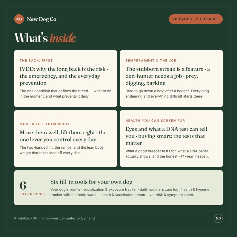 May include: A dark green informational document titled New Dog Co What's inside, featuring 28 pages and 6 fillable sections. It covers IVDD, temperament, lifting techniques, and health screening, plus six fill-in tools for dog profiles and care logs.