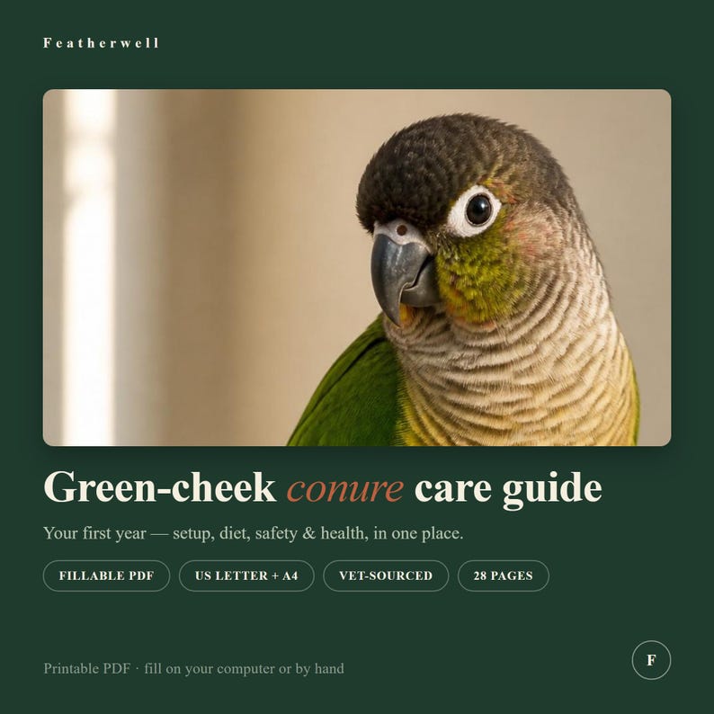 Green-cheek Conure Care Guide | New Owner Setup, Diet, Health (Fillable PDF) image 1