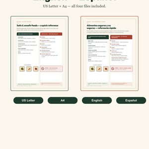 May include: A digital document titled English + Espa&ntilde;ol featuring two pages of bird-safe and unsafe food reference charts. The pages include lists of everyday foods and prohibited items, with small icons of vegetables and a no-entry symbol.