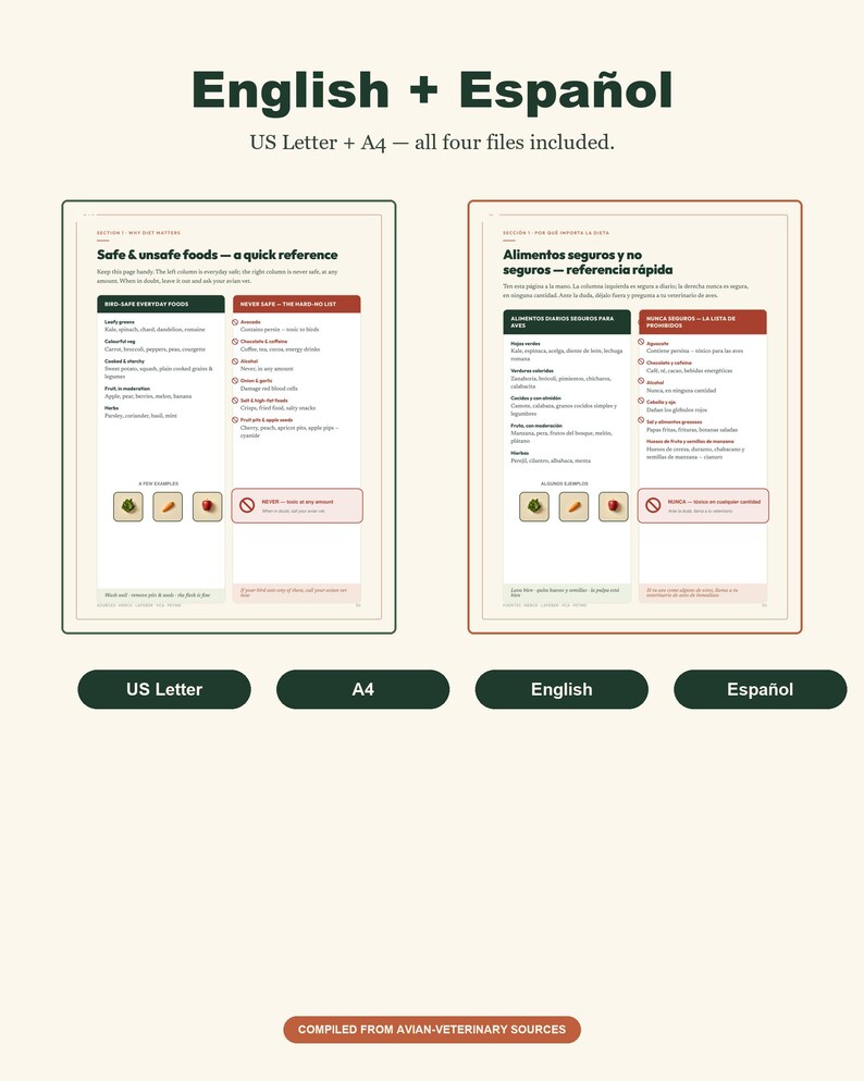 May include: A digital document titled English + Espa&ntilde;ol featuring two pages of bird-safe and unsafe food reference charts. The pages include lists of everyday foods and prohibited items, with small icons of vegetables and a no-entry symbol.