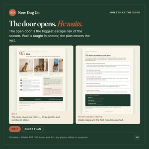 May include: A digital guide titled New Dog Co Guests at the Door featuring two pages of instructional text and photos. The content includes training steps for teaching a dog to wait at an open door, with sections on managing arrivals.