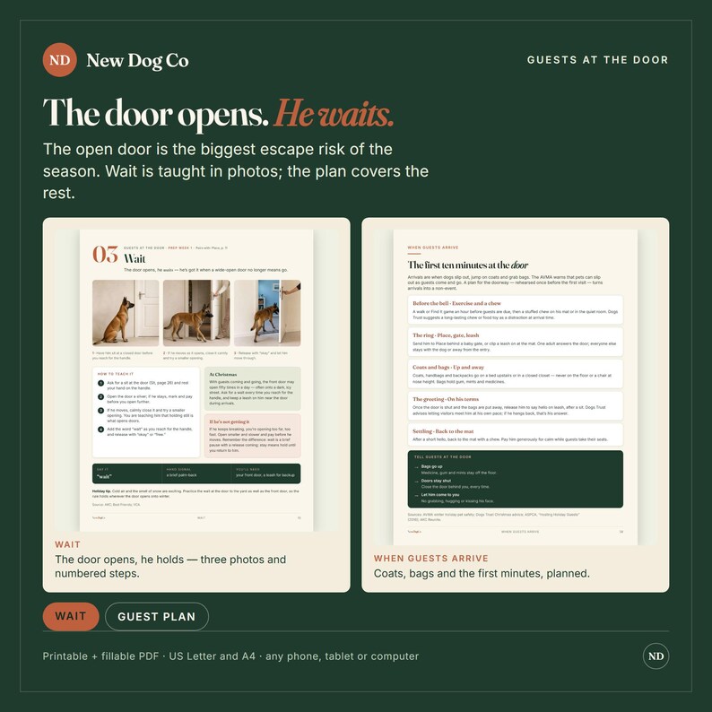 May include: A digital guide titled New Dog Co Guests at the Door featuring two pages of instructional text and photos. The content includes training steps for teaching a dog to wait at an open door, with sections on managing arrivals.