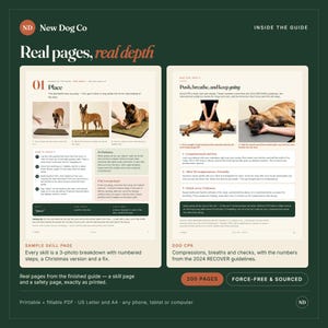 May include: A digital guide from New Dog Co titled Real pages, real depth, featuring two sample pages. One page details dog training skills with photos and numbered steps, while the other outlines dog CPR procedures with 2024 RECOVER guidelines.