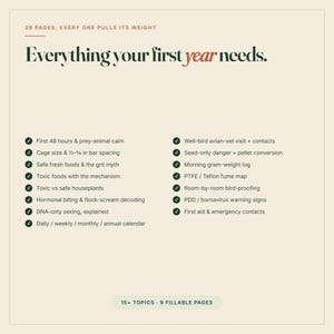 May include: A 28-page informational guide titled Everything your first year needs. The document features a checklist of topics including avian-vet visits, cage size, toxic foods, bird-proofing, and emergency contacts, with 15+ topics and 9 fillable pages.
