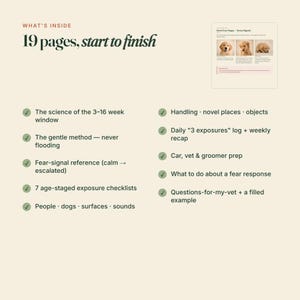 May include: A 19-page digital guide titled What's Inside, featuring a puppy stress signal reference chart with three photos of a golden retriever puppy. The list includes checklists for 3-16 week socialisation, handling, vet prep, and fear response logs.