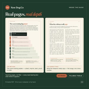 Puede incluir: Una gu&iacute;a digital titulada New Dog Co que muestra dos p&aacute;ginas abiertas con texto y un diagrama de escalera de entrenamiento olfativo. La p&aacute;gina izquierda describe el m&eacute;todo, mientras que la derecha discute la evidencia. Dise&ntilde;o con t&iacute;tulos y fondo verde.