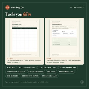 May include: Two fillable planner pages on a dark green background. The left page features a confidence tracker grid. The right page displays an adjustment planner and emergency contact section. Below are buttons labeled Home Map, Hazard Checklist, Cue-Language Card, Scent-Marker Map, Confidence Tracker, Cue-Training Log, Walk Log, Enrichment Log, Eye-Care Log, Second-Eye Watch, and Emergency Card.
