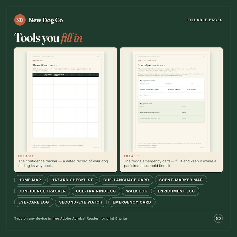May include: Two fillable planner pages on a dark green background. The left page features a confidence tracker grid. The right page displays an adjustment planner and emergency contact section. Below are buttons labeled Home Map, Hazard Checklist, Cue-Language Card, Scent-Marker Map, Confidence Tracker, Cue-Training Log, Walk Log, Enrichment Log, Eye-Care Log, Second-Eye Watch, and Emergency Card.