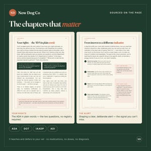 Puede incluir: Dos p&aacute;ginas abiertas de un libro titulado The chapters that matter, con texto sobre los derechos y el entrenamiento de perros de asistencia. La p&aacute;gina izquierda cubre las normas ADA, la derecha detalla se&ntilde;ales de alerta. Fondo verde oscuro con texto blanco.