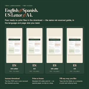 Puede incluir: Un listado de producto digital que incluye cuatro archivos PDF rellenables en ingl&eacute;s y espa&ntilde;ol, disponibles en tama&ntilde;os US Letter y A4. El gr&aacute;fico verde oscuro muestra el texto: Two languages, two sizes, English & Spanish, US Letter & A4.