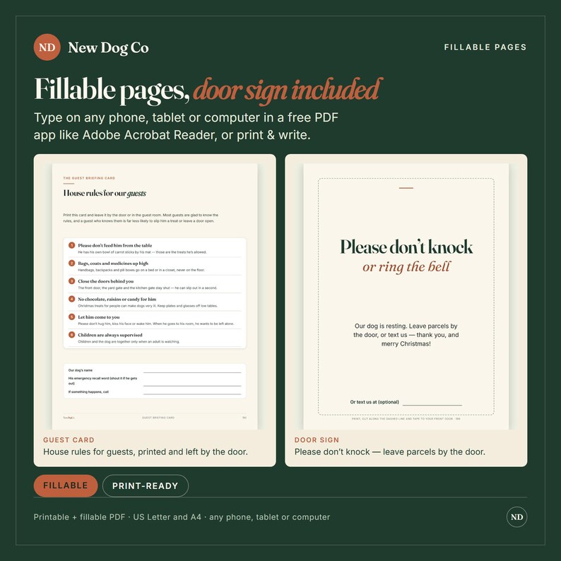 May include: A digital template set featuring a guest briefing card and a door sign. The guest card lists house rules for pets, while the door sign reads, Please don't knock or ring the bell. The design is cream-coloured with dark text.