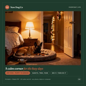 May include: A brown and black dog lies on a round grey pet bed, chewing a small orange toy. A metal water bowl sits nearby. The scene includes a bedside lamp, a bed, and an open doorway with string lights in the background. Text reads New Dog Co.
