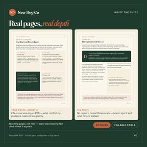 Peut inclure: Un guide PDF imprimable intitul&eacute; New Dog Co pr&eacute;sentant deux pages. La page de gauche d&eacute;finit les chiens d'assistance, chiens d'assistance psychiatrique, animaux de soutien &eacute;motionnel et chiens de th&eacute;rapie. La droite traite des arnaques.