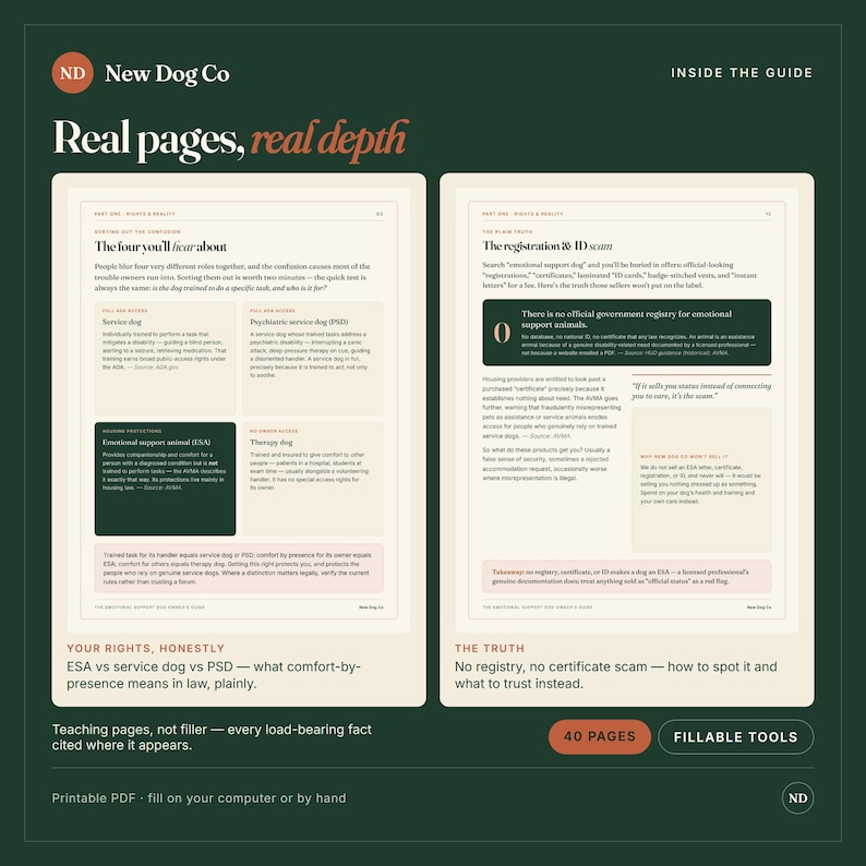 Peut inclure: Un guide PDF imprimable intitul&eacute; New Dog Co pr&eacute;sentant deux pages. La page de gauche d&eacute;finit les chiens d'assistance, chiens d'assistance psychiatrique, animaux de soutien &eacute;motionnel et chiens de th&eacute;rapie. La droite traite des arnaques.